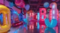 Colorful alphabet balloons in neon-lit room. Creative and fun concept suitable for design and print