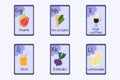 Colorful alphabet flashcard Letter G, H, I, J, K, L - guava, horseradish, irish coffee, juice, kohlrabi, lemonade.