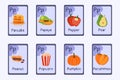 Colorful alphabet flashcard Letter P - pancake, papaya, pear, peanut, popcorn, pumpkin, persimmon