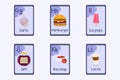 Colorful alphabet flashcard Letters G, H, I, J, K, L - garlic, hamburger, ice pops, jam, ketchup, latte. Royalty Free Stock Photo