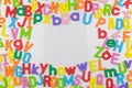 Colorful alphabet magnets on whiteboard framing copy space Royalty Free Stock Photo