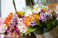 Colorful Alstroemeria flowers. A large bouquet of multi-colored alstroemerias in the flower shop are sold in the form of a gift bo