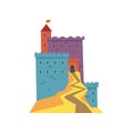 Colorful ancient fortress. Red heraldic flag on tower. Cartoon castle architecture. Historical building. Flat vector Royalty Free Stock Photo