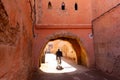 Colorful ancient old and narrow street in medina of Marrakech, Morocco, Africa