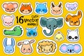 Colorful animal face stickers. Cute animal vector clipart. Little zoo icons with elephant, koala, racoon, monkey and pig