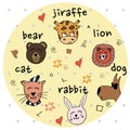 Colorful animal friends collection including dog, cat, giraffe, bear, lion, rabbit.Cute hand drawn doodles.Good for posters, stick Royalty Free Stock Photo