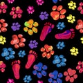 Colorful animal and human paw print trails