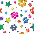 Colorful animal paw print trails and stars