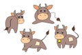 Colorful animal set with bulls for kids. Vector illustration. Template adorable character for your design. Cartoon cute cow