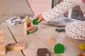 Colorful Animal Theme Urban Toys.child playing with toy ,made of wooden blocks on wooden texture floor indoors in his Royalty Free Stock Photo