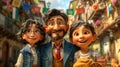 Colorful animated family portrait in a festive town setting. 3D animation still