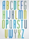 Colorful animated narrow font, comic upper case letters with white outline.