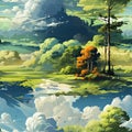 Colorful animation picture of clouds, trees, and waterfalls in a fantasy style (tiled)