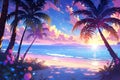 Colorful Anime Beach Scene With Palm Trees And A Hint Of Technology