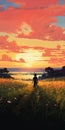 Colorful Anime-inspired Painting Of A Person Walking Through A Grassy Field At Sunset