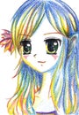 Colorful anime manga kawaii cartoon girl with flower in hair Royalty Free Stock Photo