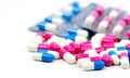 Colorful of antibiotic capsules pills selective focus on blur background with copy space. Royalty Free Stock Photo