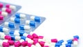 Colorful of antibiotic capsules pills selective focus on blur background with copy space Royalty Free Stock Photo