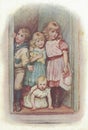 Colorful antique illustration shows little girls and boy. Vintage drawing shows a group of children. Old picture from