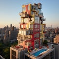 Colorful apartment building with balconies and a swimming pool