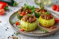 Colorful and appetizing stuffed zucchini rounds on a ceramic plate