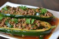 Colorful and appetizing stuffed zucchini rounds on a ceramic plate