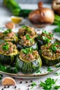 Colorful and appetizing stuffed zucchini rounds on a ceramic plate