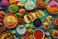 A colorful and appetizing top view of Mexican festive food for Independence Day, featuring chili, cilantro, tacos, burritos,