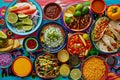 A colorful and appetizing top view of Mexican festive food for Independence Day, featuring chili, cilantro, tacos, burritos,