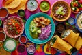 A colorful and appetizing top view of Mexican festive food for Independence Day, featuring chili, cilantro, tacos, burritos,