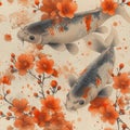 Colorful Aquatic Life Watercolor Koi Carp Swimming Amidst Decorative Plants Royalty Free Stock Photo