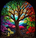 A colorful arched stained glass window depicting a tree. Generative AI Royalty Free Stock Photo