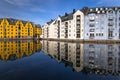 Colorful architecture of Alesund reflected in the water, Norway Royalty Free Stock Photo