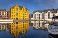 Colorful architecture of Alesund reflected in the water, Norway Royalty Free Stock Photo