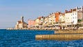 Colorful architecture at harbor of Piran, small coastal town in Istria