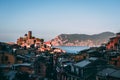 Famous View Of The Vernazza Old Town Italy Cinque Terre In The Early Morning Sunrise View, Colorful Traditional Building Houses An