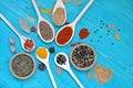 Colorful aromatic condiments spices on blue background..