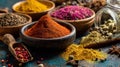 Colorful and aromatic spices assortment in rustic wooden bowls on aged surface Royalty Free Stock Photo