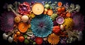 A colorful arrangement of different types of fruits and vegetables, AI