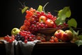 A colorful arrangement of fresh grapes, apples, and oranges showcased in a bowl on a table, Arrangement of organic fruit in a