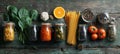 The colorful arrangement of ingredients on a rustic kitchen table. AI generated image Royalty Free Stock Photo