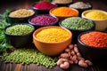 colorful arrangement of legumes in bowls