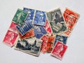 Colorful arrangement of old french postage stamps Royalty Free Stock Photo