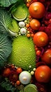 A colorful arrangement of vegetables and fruits, AI