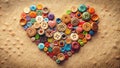 A colorful array of assorted buttons arranged in a heart shape on a textured fabric background. Generative AI Royalty Free Stock Photo