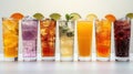 Colorful Array of Beverages - Water, Soda, Juice, Wine & Cocktails in Unique Glasses with Varied Hues & Textures Royalty Free Stock Photo