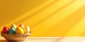 A colorful array of decorated Easter eggs in a wicker basket against a sunny yellow background, creating a joyful Royalty Free Stock Photo