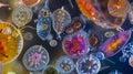 A colorful array of different species of rotifers each with distinct shapes and patterns on their bodies coexisting in a