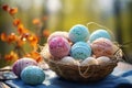 Colorful Array of Easter Eggs in a Beautifully Woven Basket, Perfect for Festive Celebrations Royalty Free Stock Photo