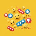 A colorful array of emojis and symbols on a yellow background. Central elements